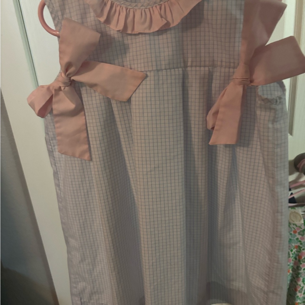 Girls Pink Check Sleeveless Bow Casual Dress